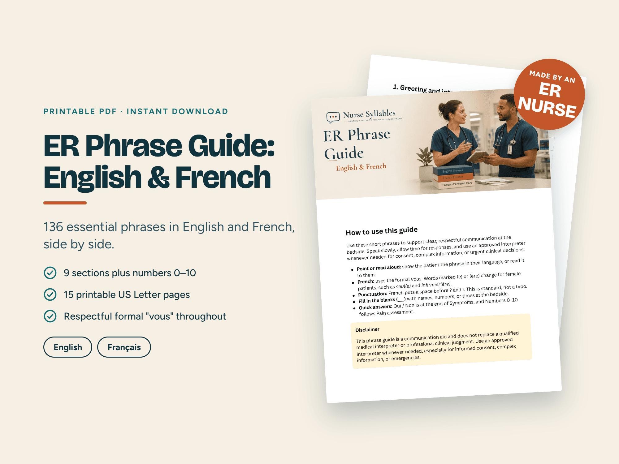 Cover and overview of the ER Phrase Guide in English and French.